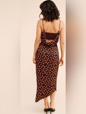 Sleeveless Draped-Back Asymmetrical Slip Midi Dress Black Floral Cowl Back